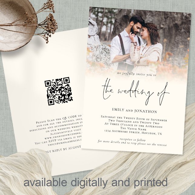 Moderne Foto QR Code Script Cream Wedding Einladung (Von Creator hochgeladen)