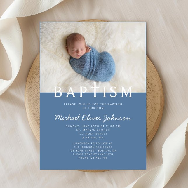 Moderne Foto Religiöse Cross Blue Boy Taufe Einladung (Modern Photo Religious Cross Blue Boy Baptism Invitation)