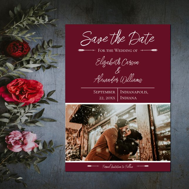 Moderne Foto-Save-the-Date-Karte | Weinrot Save The Date (Modern Photo Save the Date - Wine Red)