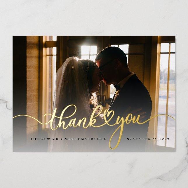 Moderne Foto Script Wedding Danke Card Folieneinladung (Vorderseite)