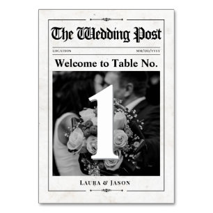 Moderne Foto Tischnummer Card Wedding Newspaper