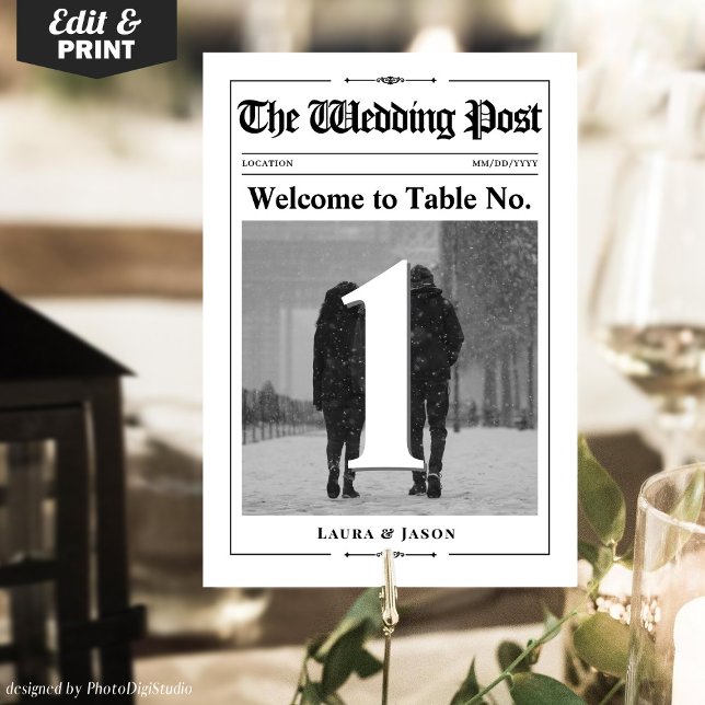 Moderne Foto Tischnummer Card Wedding Newspaper (Modern Photo Table Number Card Wedding Newspaper)