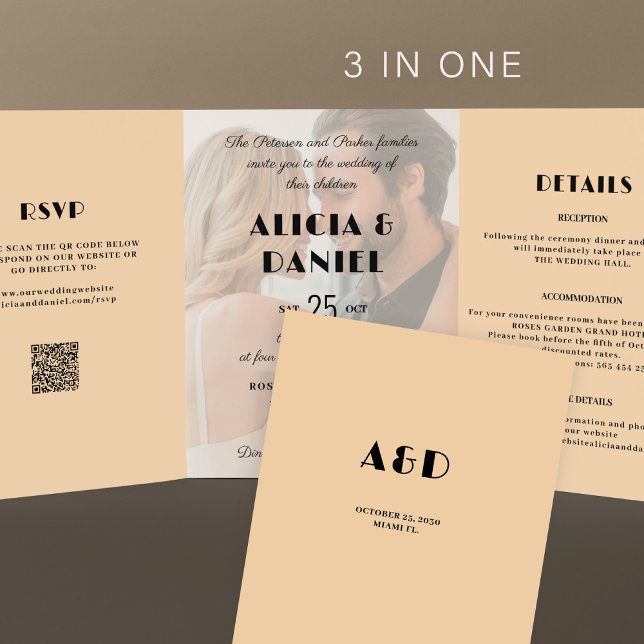 Moderne Foto uAwg details QR Creme Schwarze Hochze Dreifach Gefaltete Einladung (Von Creator hochgeladen)