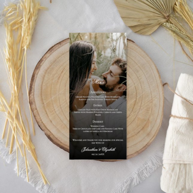 Moderne Foto- und Black Overlay-Hochzeit Menükarte (Modern Photo and Black Overlay Wedding Menu)
