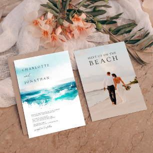 Moderne Foto Watercolor Beach Hochzeit Einladung