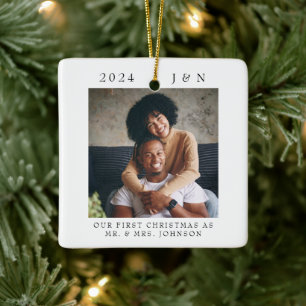 Moderne Foto zum ersten Weihnachten als Ehepaar Keramikornament