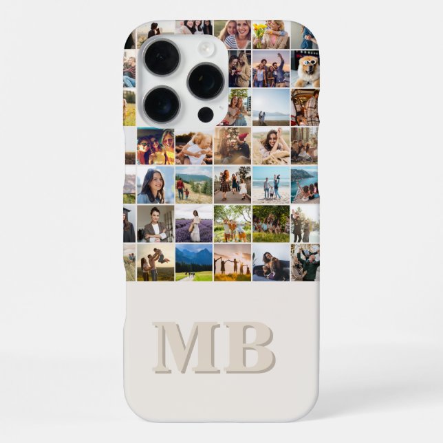 Moderne Fotocollage Beige Anfangsmonogramm iPhone Hülle (Rückseite)