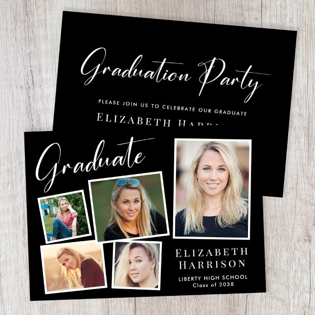 Moderne Fotocollage Black Graduation Party Einladung (A modern photo collage graduation party invitation to celebrate the graduate's achievements)