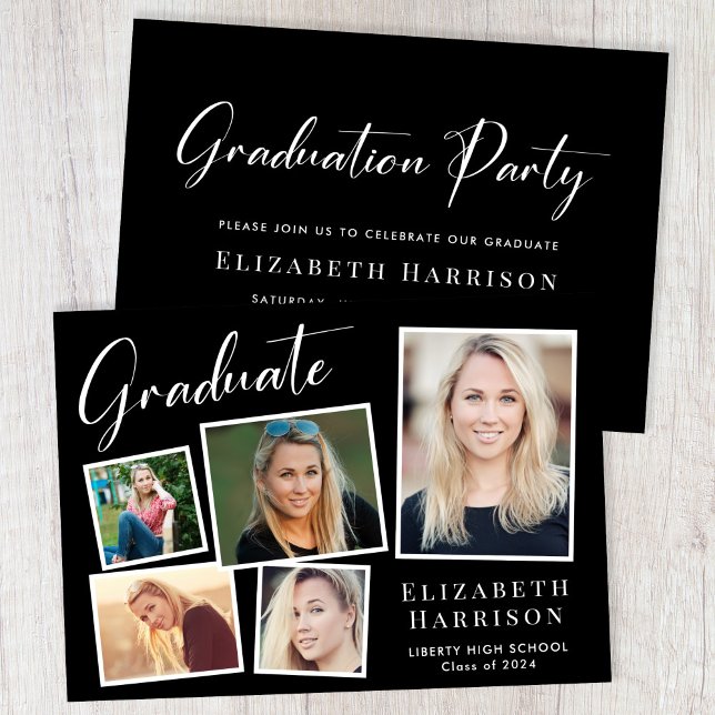 Moderne Fotocollage Black Graduation Party Einladung (A modern photo collage graduation party invitation to celebrate the graduate's achievements)