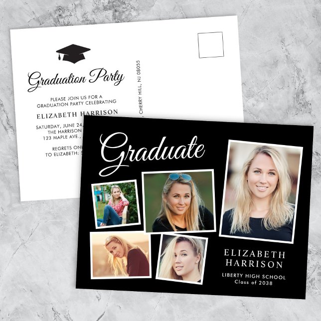 Moderne Fotocollage Black Graduation Party Einladungspostkarte (A personalized photo graduation party invitation to celebrate the graduate's achievements)