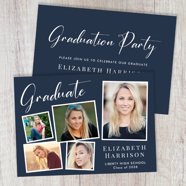 Moderne Fotocollage Blue Graduation Party Einladung (A modern photo collage graduation party invitation to celebrate the graduate's achievements)