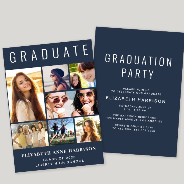 Moderne Fotocollage Blue Graduation Party Einladung (A modern photo collage graduation party invitation to celebrate the graduate's achievements)