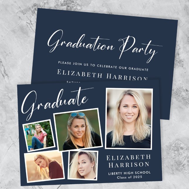Moderne Fotocollage Blue Graduation Party Einladung (A modern photo collage graduation party invitation to celebrate the graduate's achievements)
