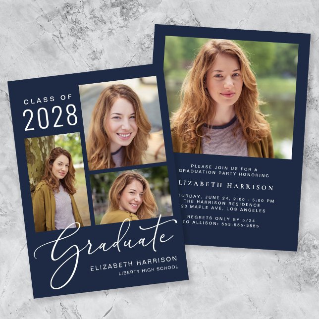 Moderne Fotocollage Blue Graduation Party Einladung (An elegant photo collage graduation party invitation to celebrate the graduate's achievements)