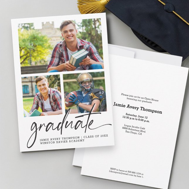 Moderne Fotocollage eines männlichen Absolventen z Einladung (male graduation party invitation, son graduation invitation, graduation open house invitation, male )
