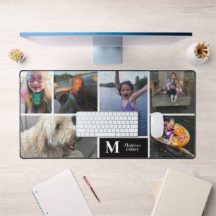 Moderne Fotocollage Familienname Monogramm Schreibtischunterlage