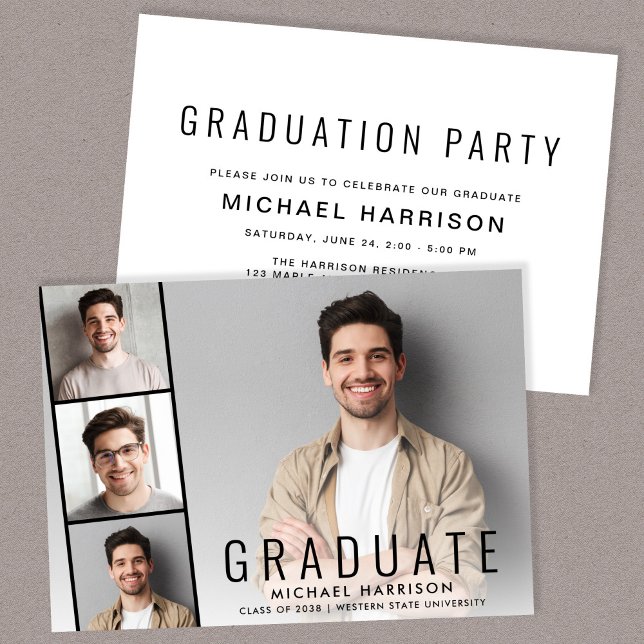 Moderne Fotocollage Graduation Party Einladung (A personalized photo graduation party invitation to celebrate the graduate's achievements)