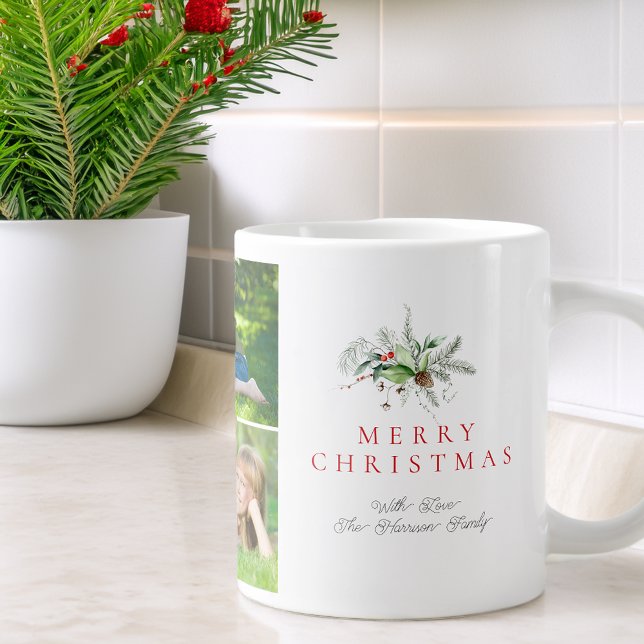 Moderne Fotocollage Greenery Frohe Weihnachten Jumbo-Tasse (Modern Photo Collage Greenery Merry Christmas Giant Coffee Mug)