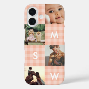 Moderne Fotocollage-Monogramm Rosa Gingham iPhone 16 Hülle