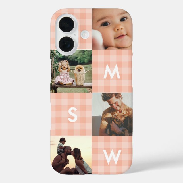 Moderne Fotocollage-Monogramm Rosa Gingham Case-Mate iPhone Hülle (Rückseite)