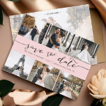 Moderne FotoCollage Save the Date rot pink Ankündigungspostkarte<br><div class="desc">Wählen Sie die besten Bilder aus Ihrem Verlobung-Shooting oder Ihre Lieblingsfotos von Ihnen beiden für dieses perfekte Save the Date. Save the Date sind die Wörter handgeschrieben, um der Karte ein persönliches Gefühl zu geben. Die Vorderseite hat 6 Bilder und die Rückseite hat ein großes Bild mit einem weißen Filter...</div>