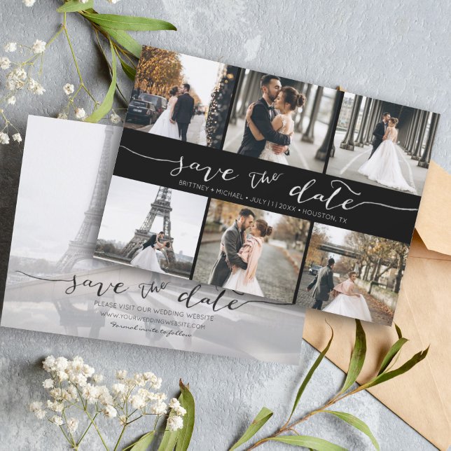 Moderne FotoCollage Save the Date Schwarz (Modern Save the Date card featuring 6 photos and a hand lettered font for a minimalistic design.)