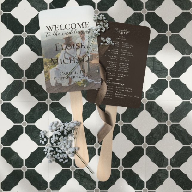 Moderne Fotografie Rustikaler Brauner Hochzeitspro Fächer (Keep guests cool and informed with this Modern Photo Rustic Brown Wedding Program Fan!)