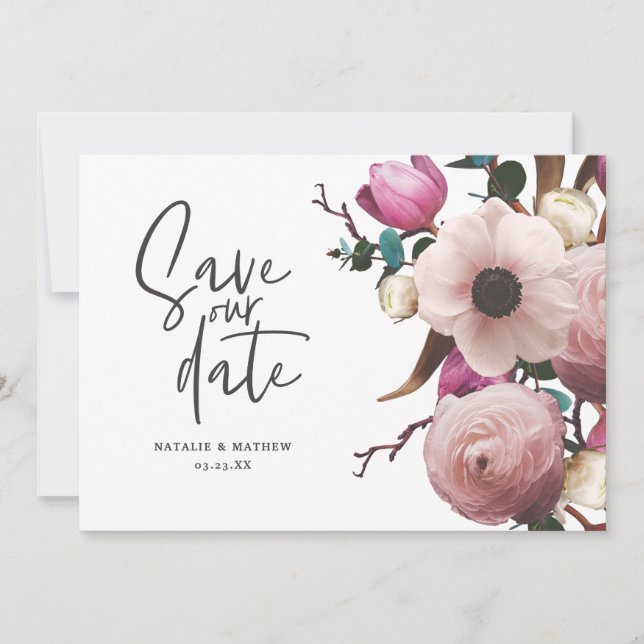 Moderne fotografische Blumenhochzeit retten das Da Save The Date (Vorderseite)