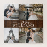 Moderne Fotomaterial Newlyweds Monogram Dark Wood Puzzle<br><div class="desc">Feiern Sie Ihre jüngste Ehe mit diesen 4 Fotos,  mit Monogramm.</div>