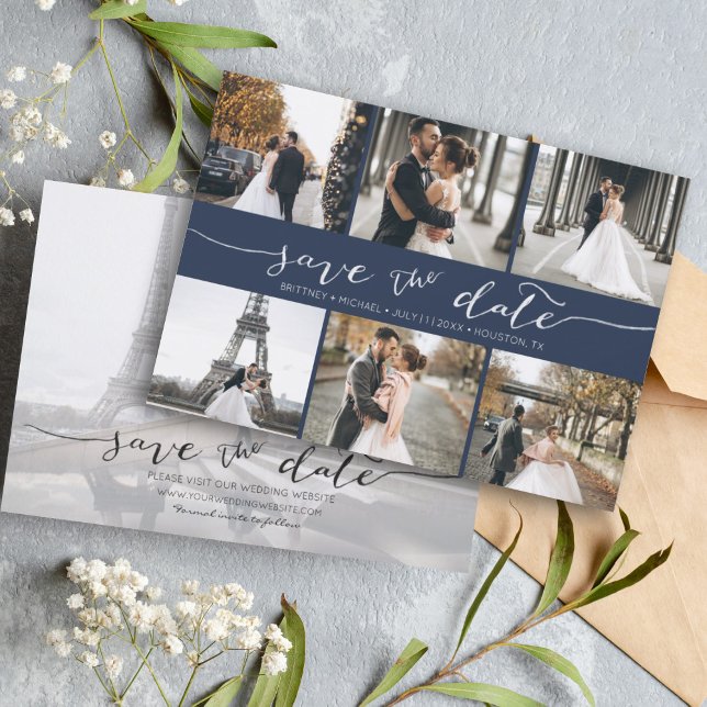 Moderne Fotomaterial Save the Date Navy Blue (Modern Save the Date card featuring 6 photos and a hand lettered font for a minimalistic design.)