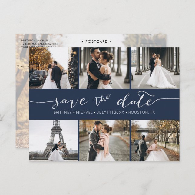 Moderne Fotomaterial Save the Date Navy Blue Ankündigungspostkarte (Vorne/Hinten)