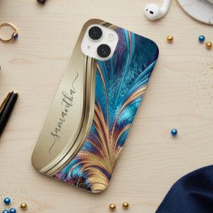 Moderne fraktale blaue goldene handgeschriebene Na iPhone 14 Hülle