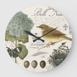moderne französische Vintage-Vögel und Nest Große Wanduhr