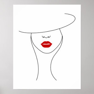 Moderne Frau in Hut mit Red Lipstick Line Art Poster