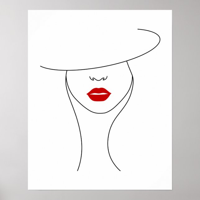 Moderne Frau in Hut mit Red Lipstick Line Art Poster (Vorne)