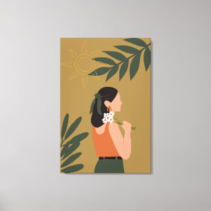Moderne Frau mit grüner floraler Illustration Leinwanddruck