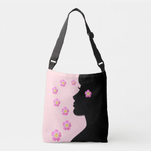 Moderne Frau Silhouette & Blumen auf Hellrosa Tragetaschen Mit Langen Trägern