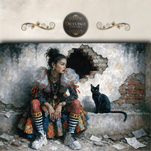 Moderne Frau und schwarze Katze Dekoupage Seidenpapier