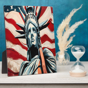 Moderne Freiheitsstatue mit amerikanischer Flaggen Fotoplatte
