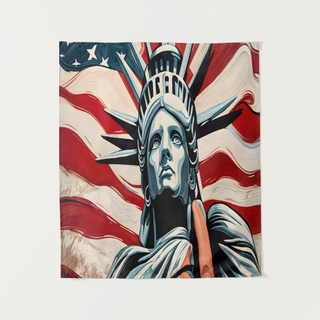 Moderne Freiheitsstatue mit amerikanischer Flaggen Wandteppich (Vorderseite)