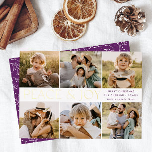 Moderne Frieden und Freude 6 Fotos Lila und Gold Folien Feiertagskarte