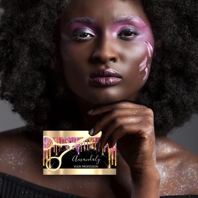 Moderne Friseurschere Lila Glitzer Schwarz Visitenkarte (Modern Hairdresser Scissors Purple Glitter Black Business Card)