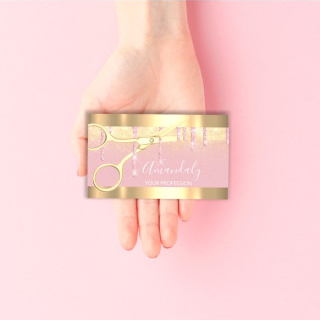 Moderne Friseurschere Tropfen Gold Pink Blush Visitenkarte (Modern Hairdresser Scissors Drips Gold Pink Blush Business Card)