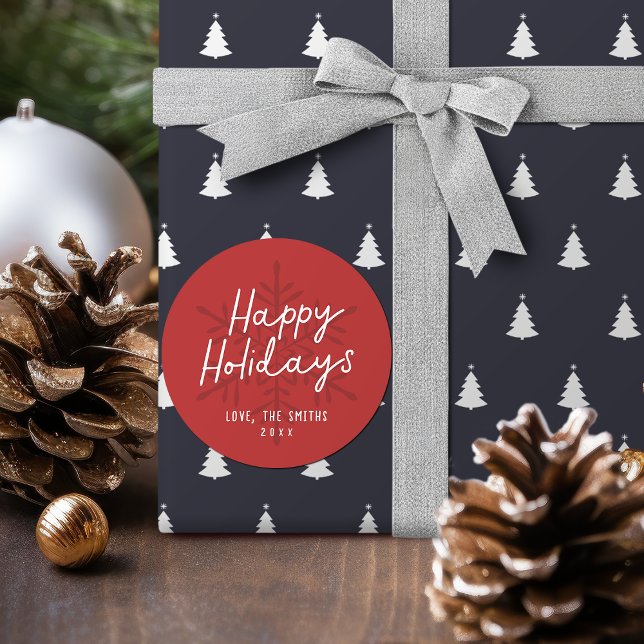 Moderne Frohe Feiertage Schrift Schneeflocken Weih Runder Aufkleber (Modern Happy Holidays Script Snowflakes Christmas Classic Round Sticker)