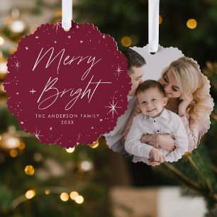 Moderne Frohe und Helle Burgunder-Weihnachtsfoto Ornament Karte