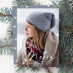 Moderne Frohe Unterschrift Schrift Icy Blau Foto Feiertagskarte