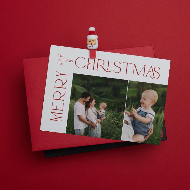 Moderne frohe Weihnachten 2 Foto Rote Typografie (Spread the magic of the holidays with these beautiful cards 🎅🏼❤️)