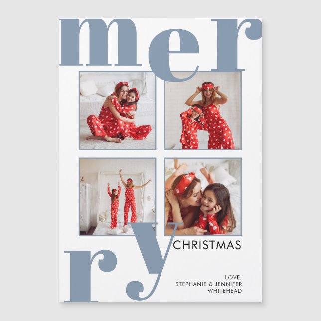 Moderne frohe Weihnachten Dusty Blue Foto Collage Magnetkarte (Vorderseite)