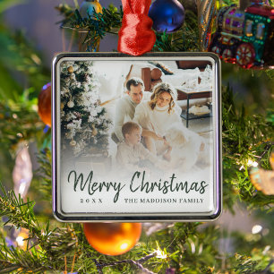 Moderne Frohe Weihnachten Grüne Schrift Familienfo Ornament Aus Metall