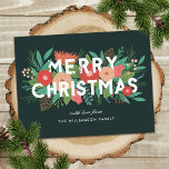Moderne frohe Weihnachten kühne Blumenfamilie Name<br><div class="desc">Schenken Sie in dieser Urlaubssaison mit diesen farbenfrohen Weihnachtspostkarten Beifall. Sie sind mit verschiedenen Blumen- und Winterelementen (Kiefer, Blätter, Blume, Beeren, Knospen, Pinecone und Sprigs) in einem Farbschema aus Rot-Orange, Pfirsich, Korallen, Aqua, aquamarin, Grün, Braun und Kalkgrün gestaltet. Die moderne Typografie lautet "MERRY CHRISTMAS" in Weiß. Die Hintergrundfarbe ist tief...</div>